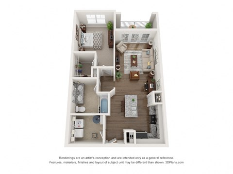 a stylized floor plan of a 1 bedroom apartment